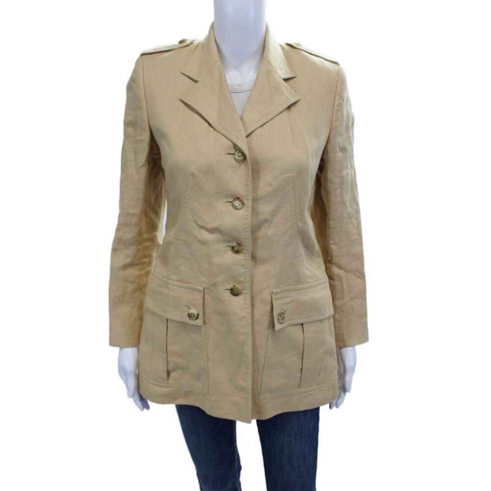 Wathne Women Military Jacket Beige Linen Button Long Sleeve Size 6
